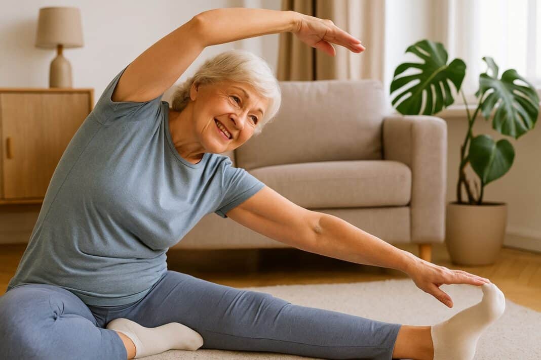 Morgentraining mit Herz: Eine Seniorin dehnt sich mit einem Lächeln im Wohnzimmer